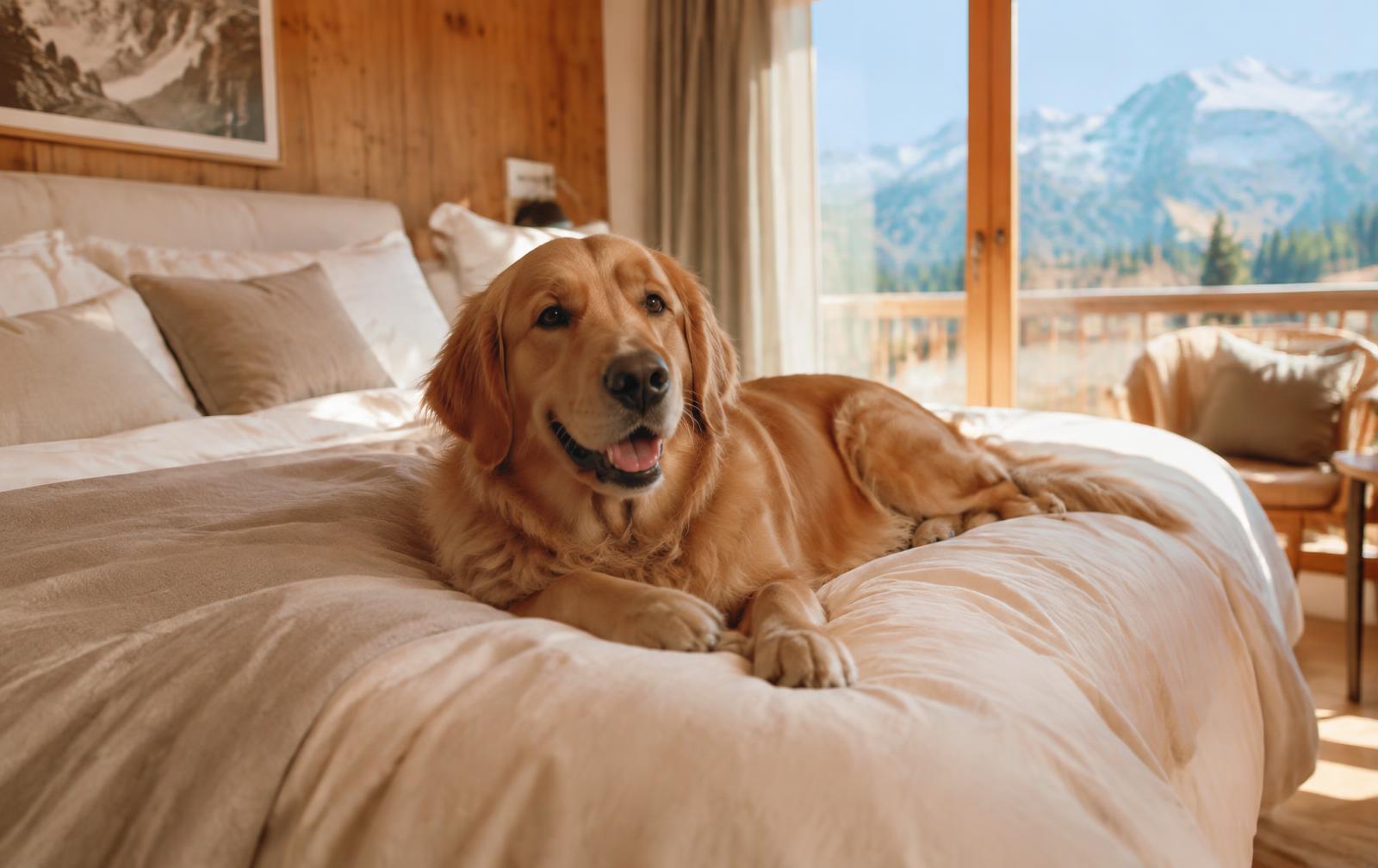 Golden retriever relaxing in a mountain hotel room